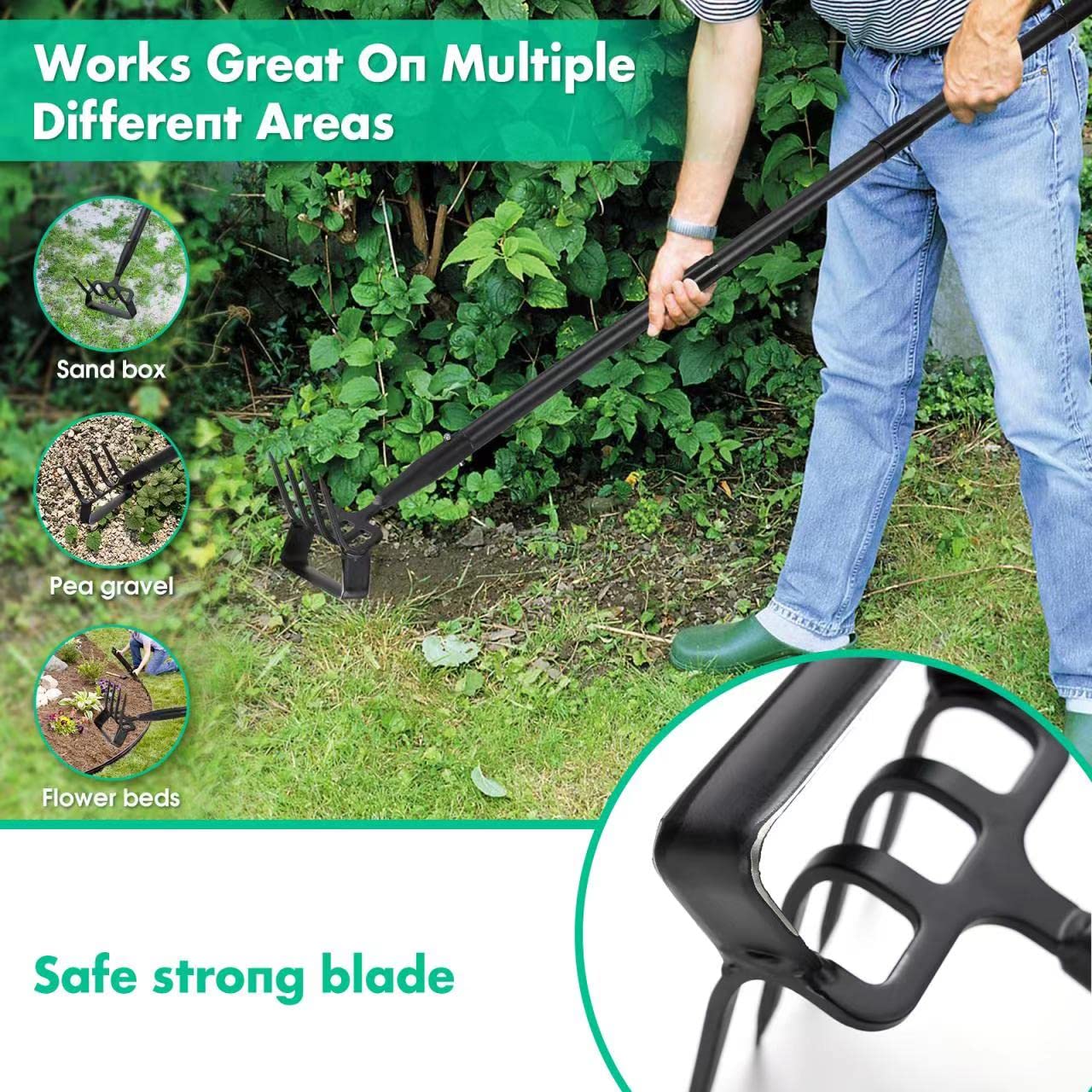 Adjustable Long-Handled Stirrup Hoe Cultivator - Heavy-Duty Scuffle Hoe with Rake Tiller Cultivator for Weeding, Digging, and Loosening Soil - Image 3