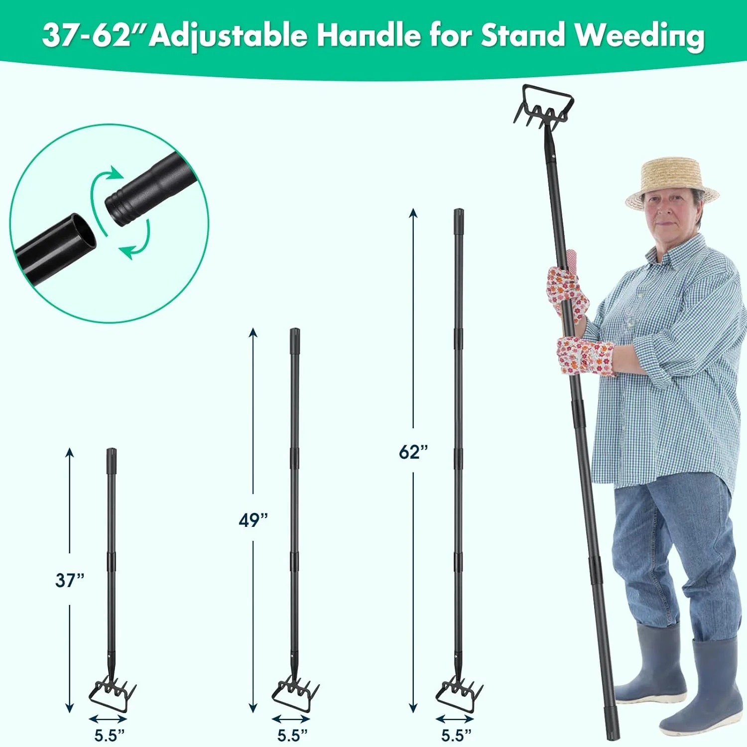 Adjustable Long-Handled Stirrup Hoe Cultivator - Heavy-Duty Scuffle Hoe with Rake Tiller Cultivator for Weeding, Digging, and Loosening Soil - Image 4