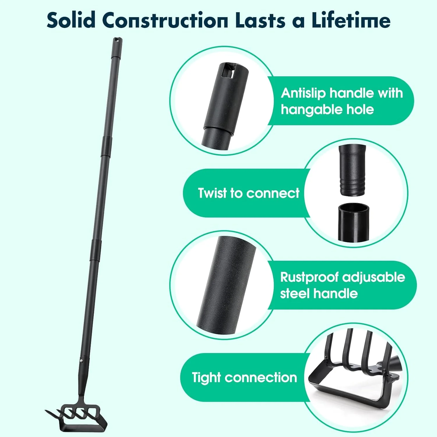 Adjustable Long-Handled Stirrup Hoe Cultivator - Heavy-Duty Scuffle Hoe with Rake Tiller Cultivator for Weeding, Digging, and Loosening Soil - Image 5