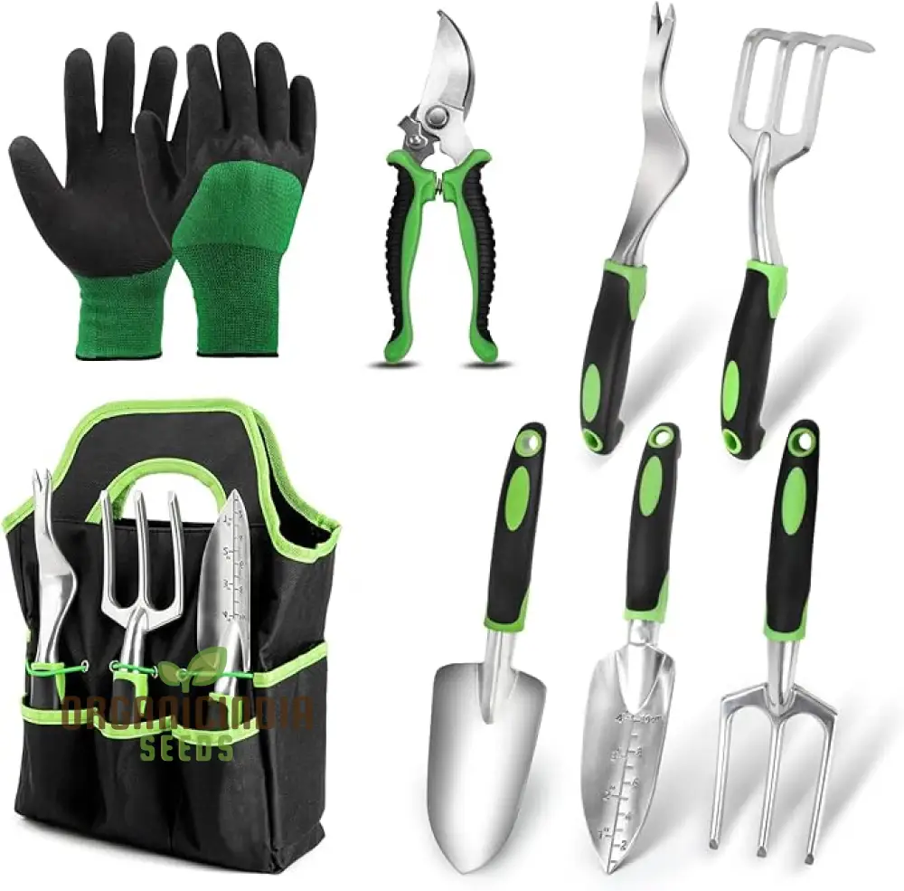 Heavy Duty Garden Tool Set with Lightweight Aluminum Alloy Tools and Non-Slip Ergonomic Handles, Durable Storage Tote Bag, 8-Piece Green Gardening Hand Tools Set