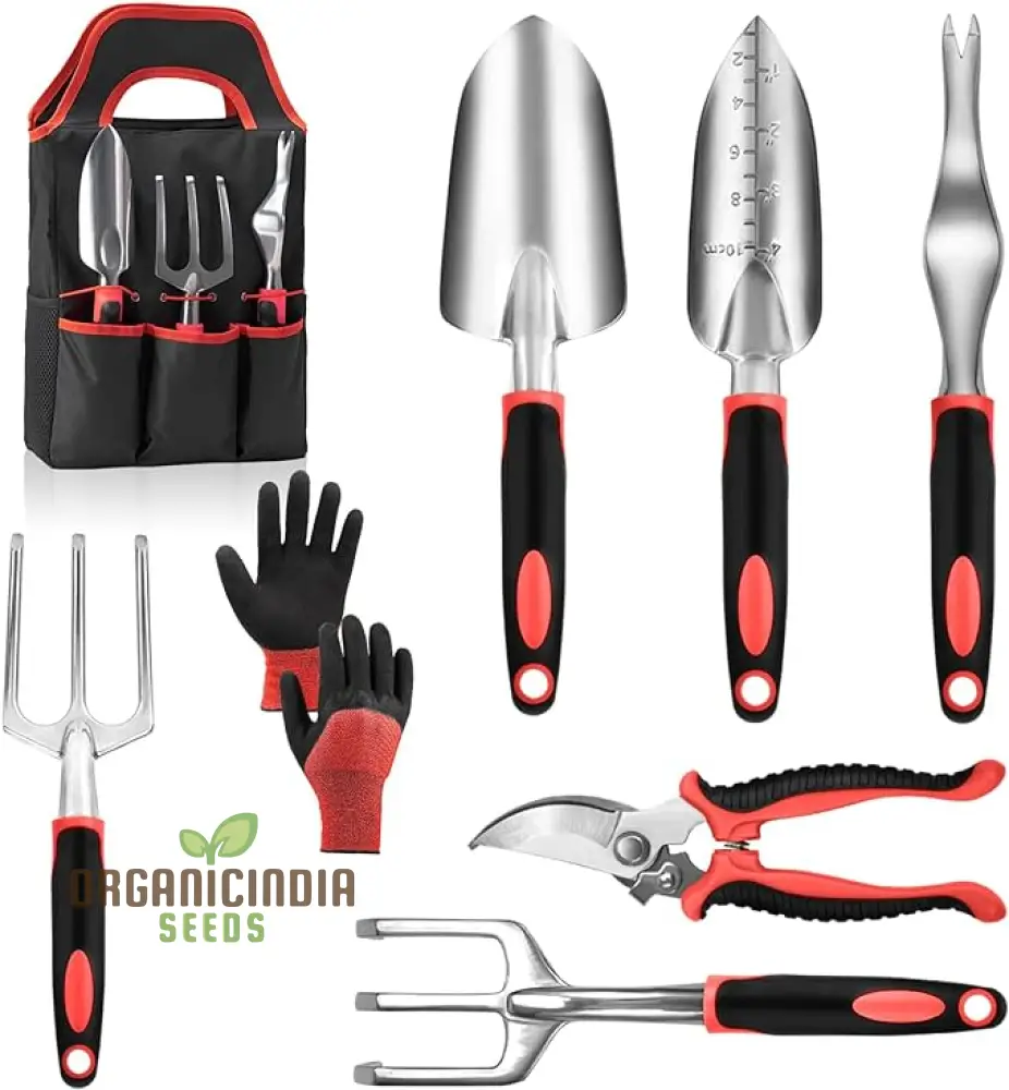 Red Garden Tool Set with Non-Slip Rubber Grip - 8 Piece Stainless Steel Gardening Tool Set, Includes Heavy-Duty Outdoor Hand Tools and Durable Storage Tote Bag - Uprooting Weeding Tool, Ideal Gifts for Women and Men